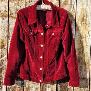 Ruby Red Faux Velvet Jean Jacket, size M, great for holiday season